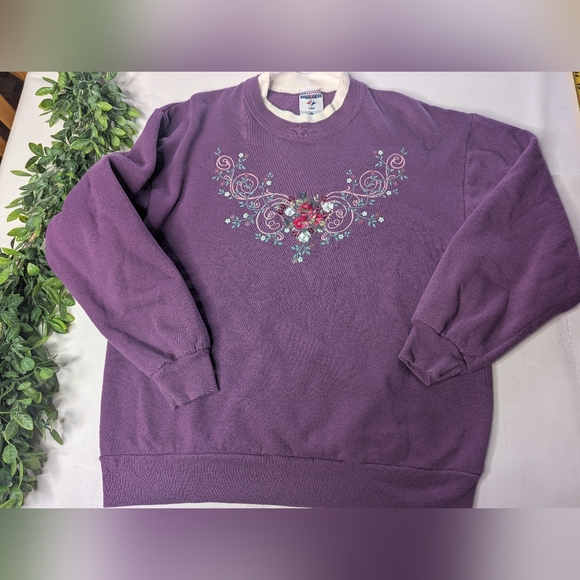 Vintage Jerzeez Grandma Cotton Crew neck Sweatshirt Floral Embroidered Large - Picture 1 of 9